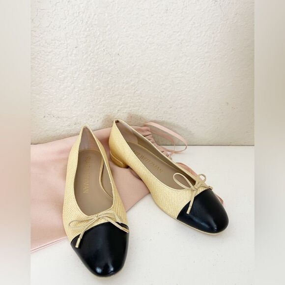 Stuart Weitzman Sleek Bow rounded toe black ballet Flats with natural raffia 8.5 - Picture 17 of 17